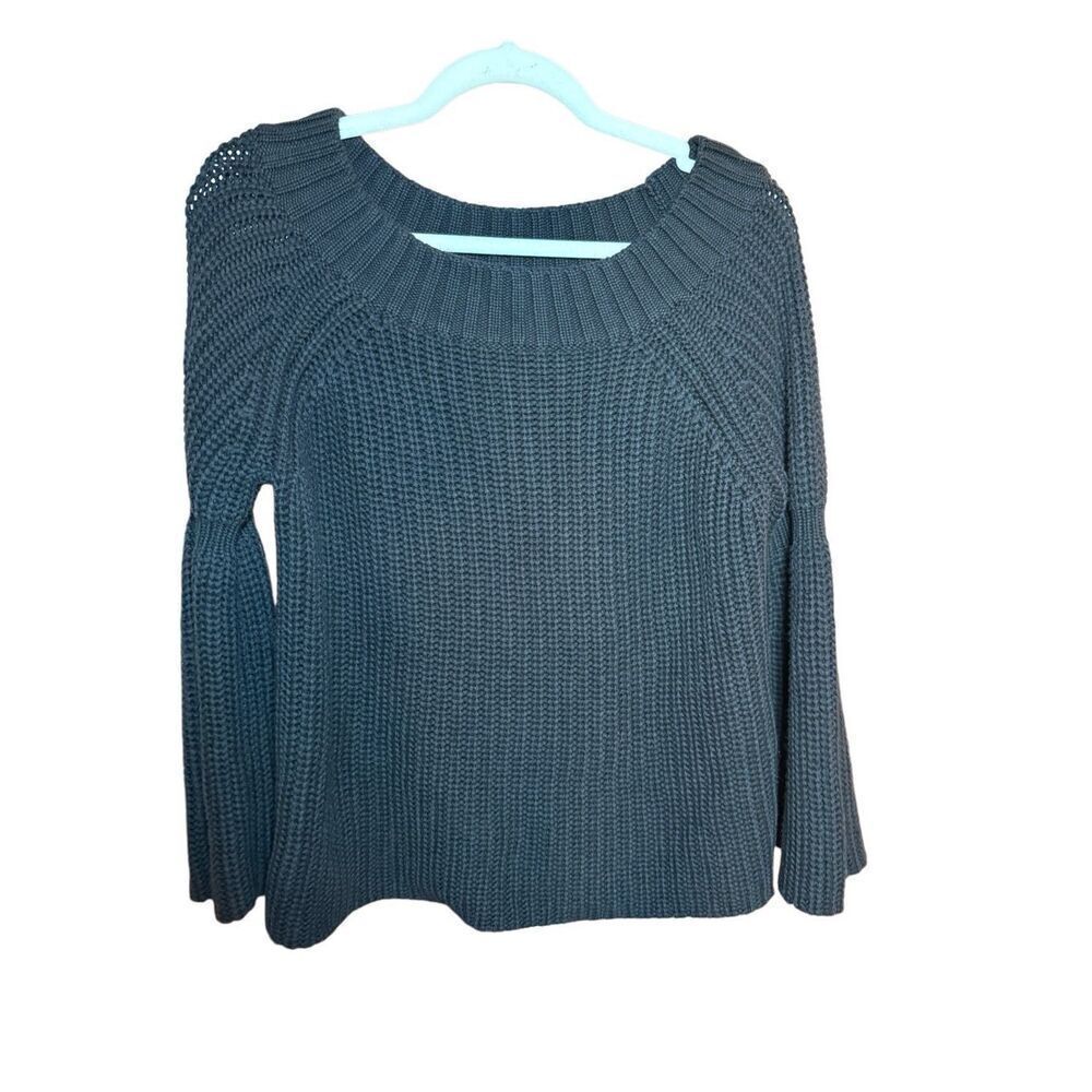 525 America women’s black open‎ chunky knit sweater with bell sleeves minimalist